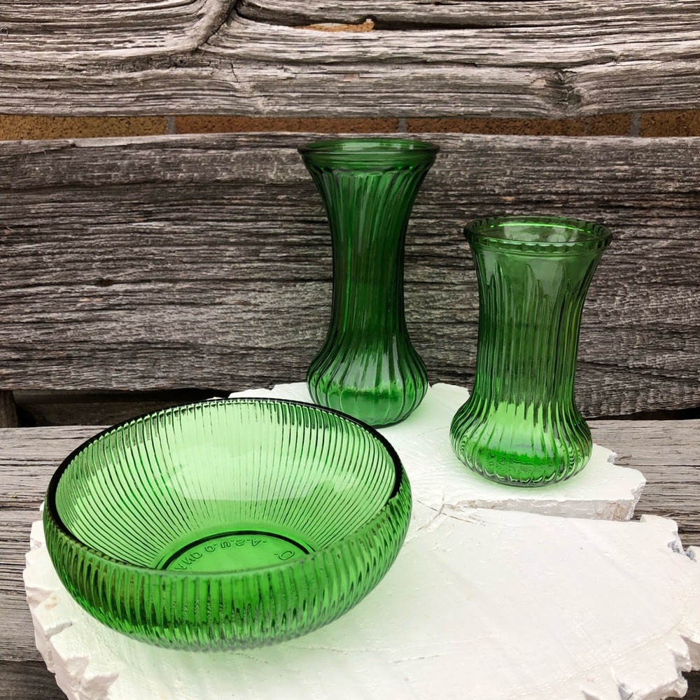 Vintage Apple Green bowl Glass collection set of 3 Hoosier Brody Vase Vtg 💚